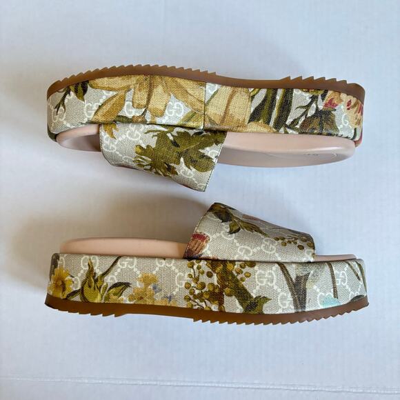 Gucci Angelina Platform Slide Sandals Beige GG Monogram Floral Canvas Size EU 38 - Picture 11 of 14